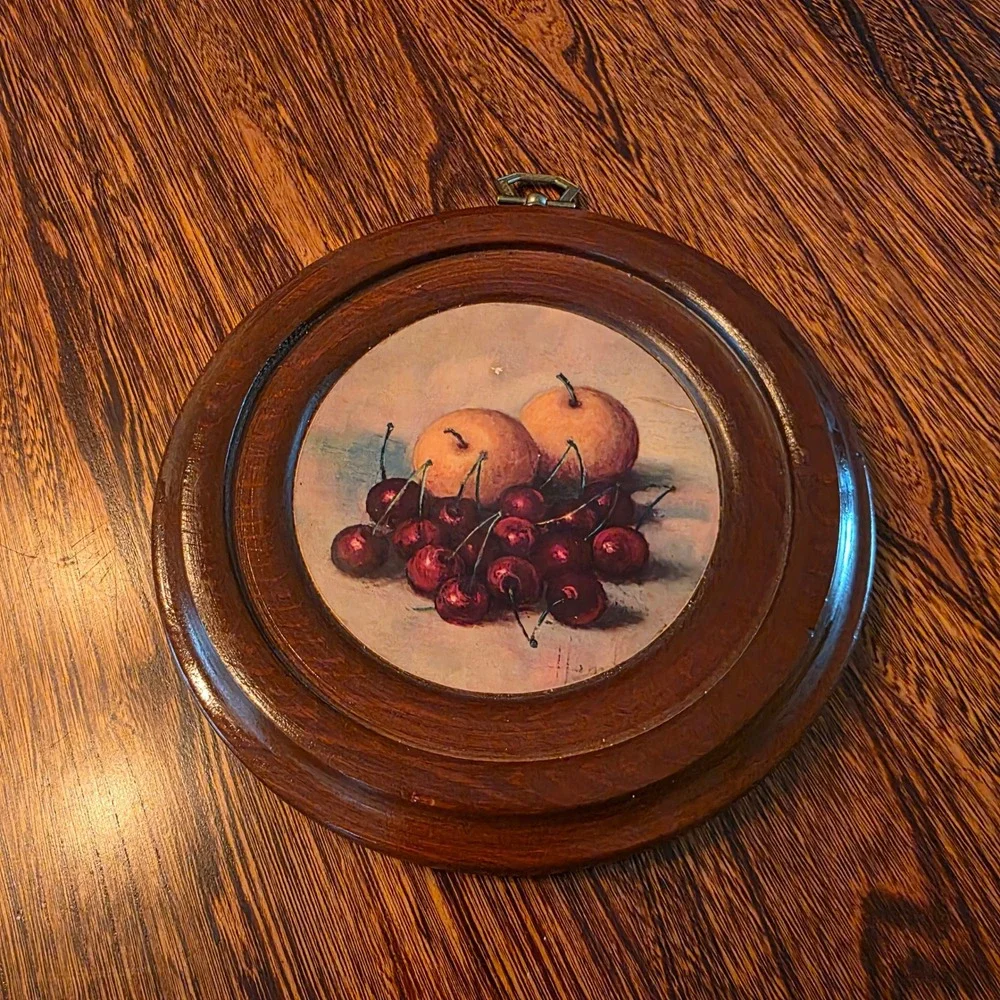 Henk Bos Round Wood Wall Plaque Still Life Fruit Peaches Cherry Cottagecore 6.5